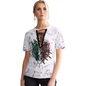 Affliction Black Label T Shirt White Sz L Heart Lace Up Rhinestone Grunge Biker